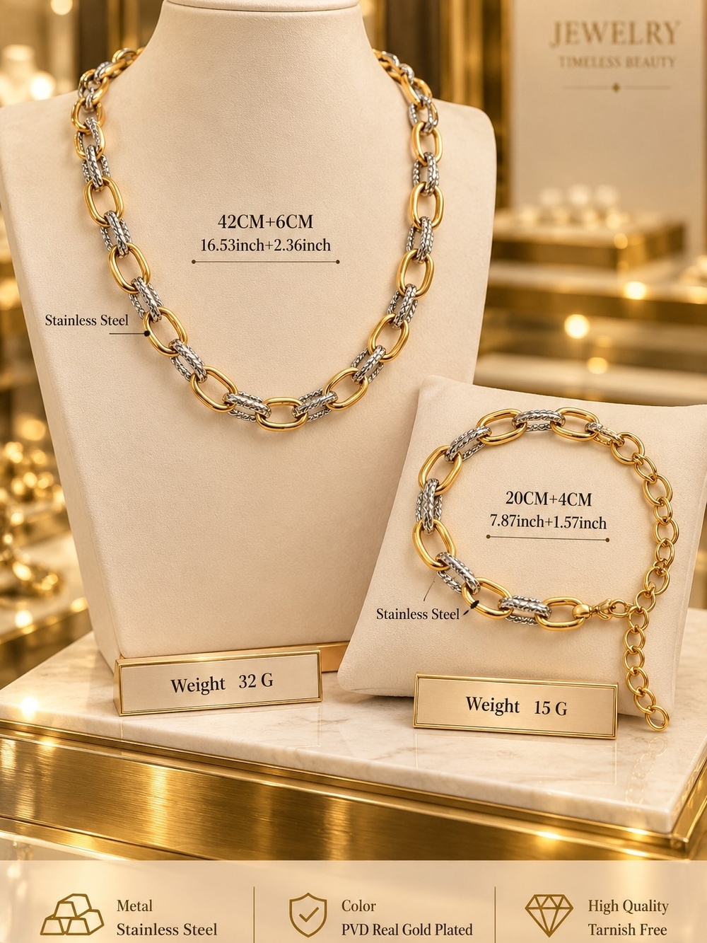 Elegant Two-Tone Gold and Silver Link Necklace & Bracelet Set - Picture 2 of 5